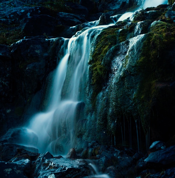 Moonlit waterfall in Sarek, Northern Sweden