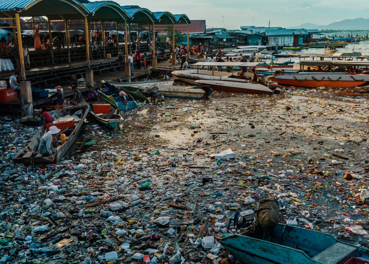 Photo of plastic polluted port in South-East Asia.