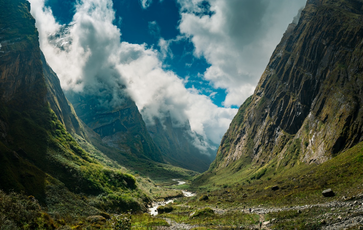 Photo of green miles deep river valley on a way to Annapurna Basecamp in Nepal