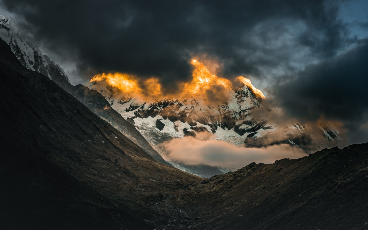 Photo of golden sunrise over Annapurna south in Nepal