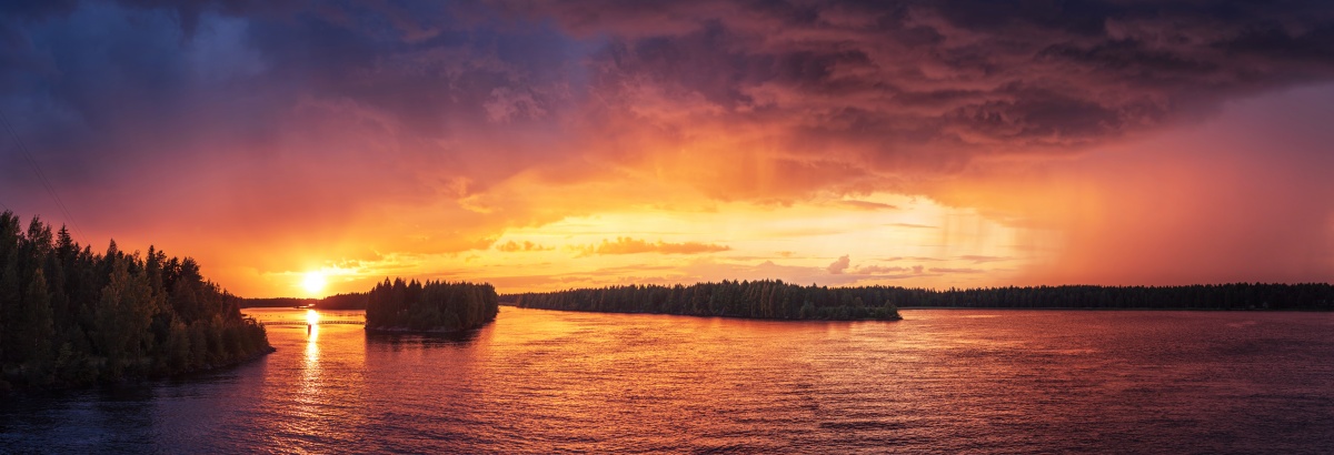 Panorama photo of gorgeous sunset over river