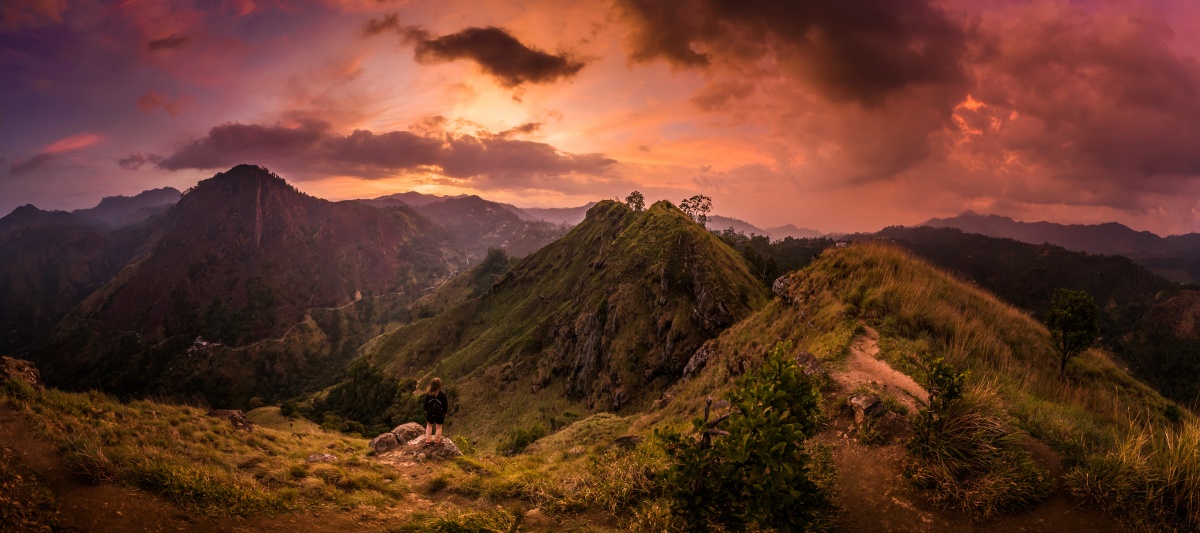 Panorama of nice red sunset over Little Adam's peak in Sri Lanka